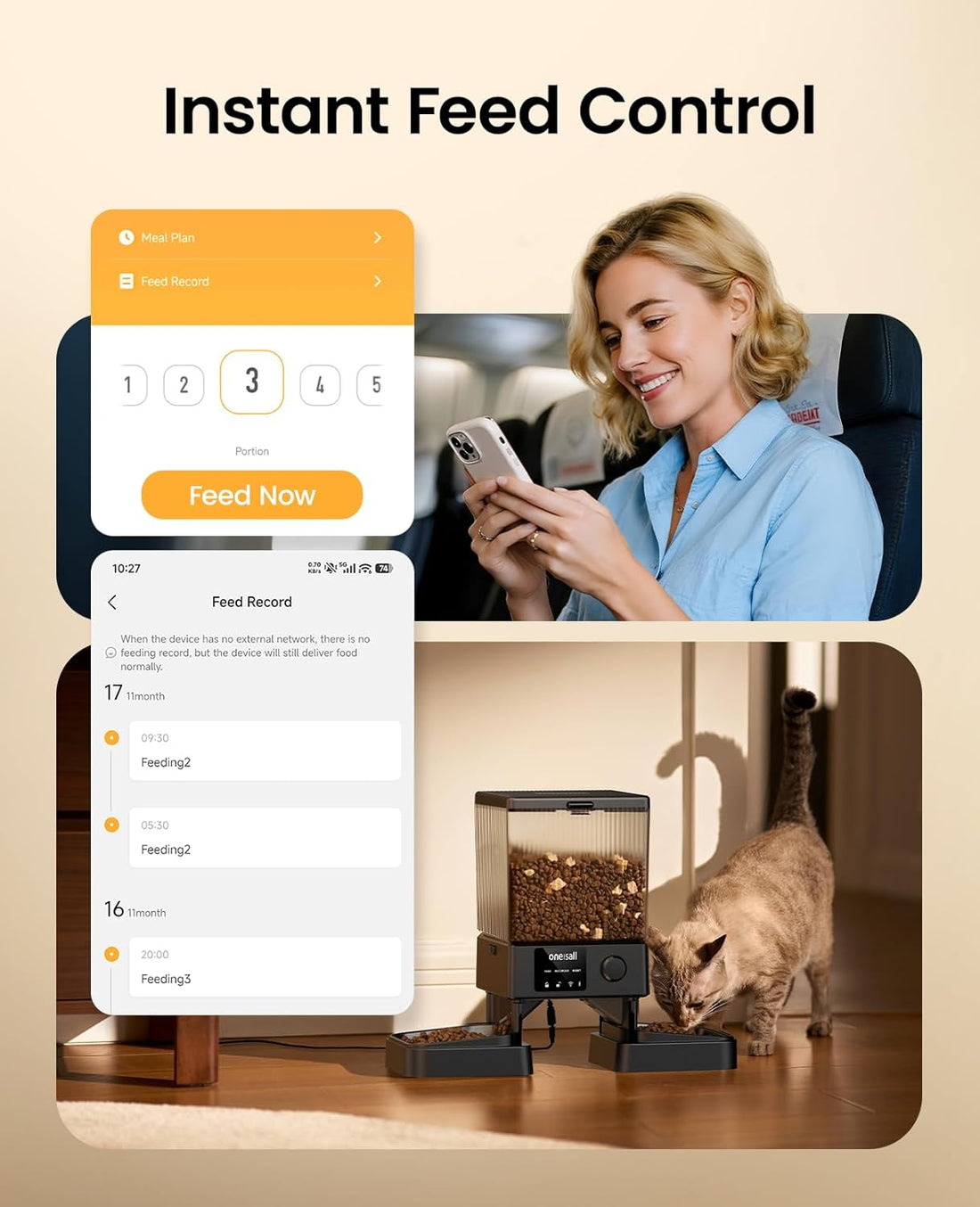 Oneisall Automatic Cat Feeder with 5G WiFi Automatic Pet Food Dispenser for 2 Cats