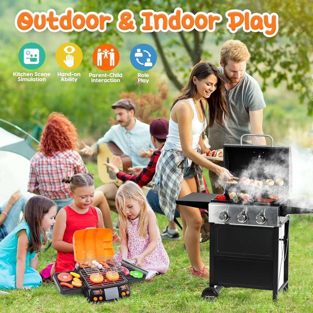 CUTE STONE Cooking Toy BBQ Set 2 Layers Grill Playset Kids Pretend Play Food