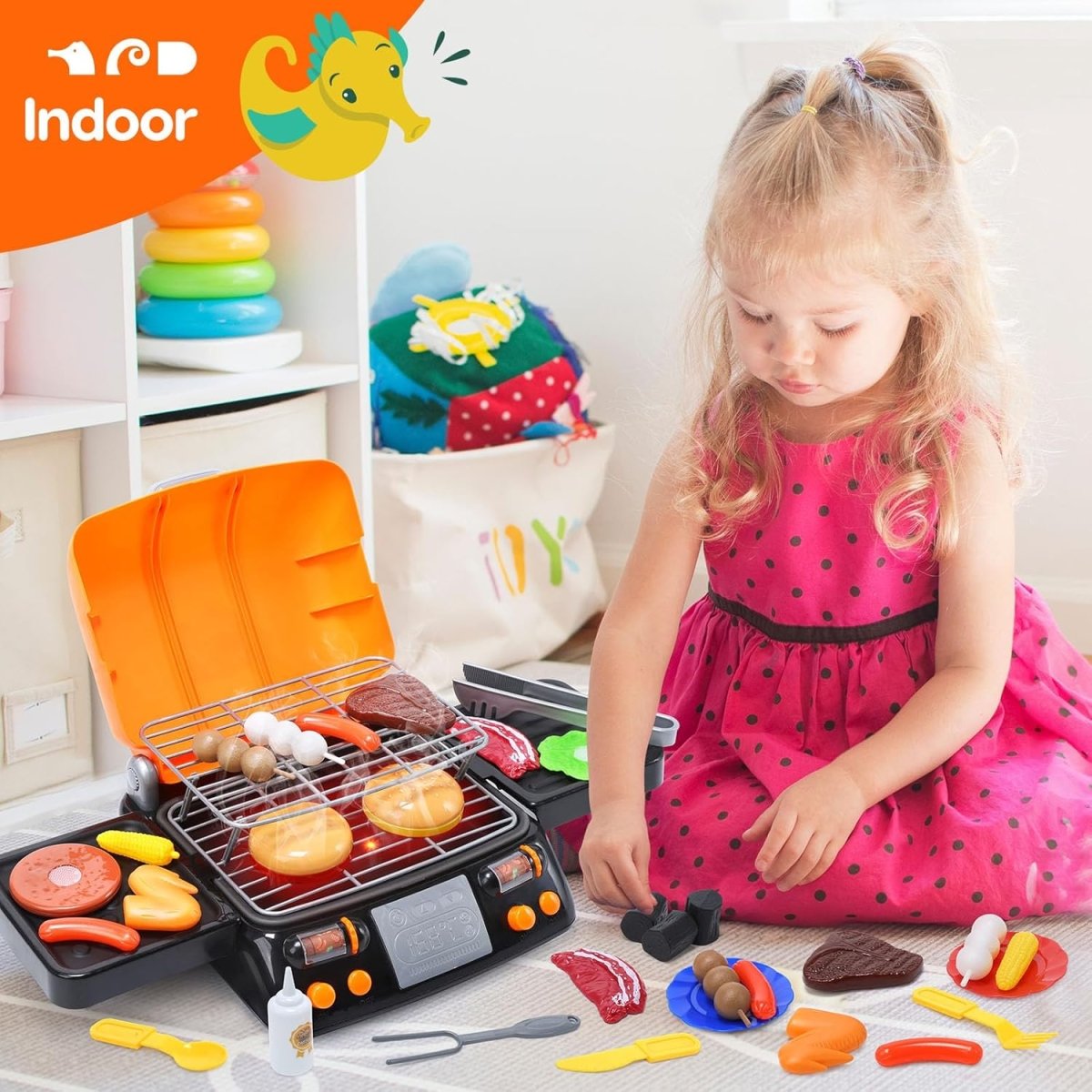 CUTE STONE Cooking Toy BBQ Set 2 Layers Grill Playset Kids Pretend Play Food