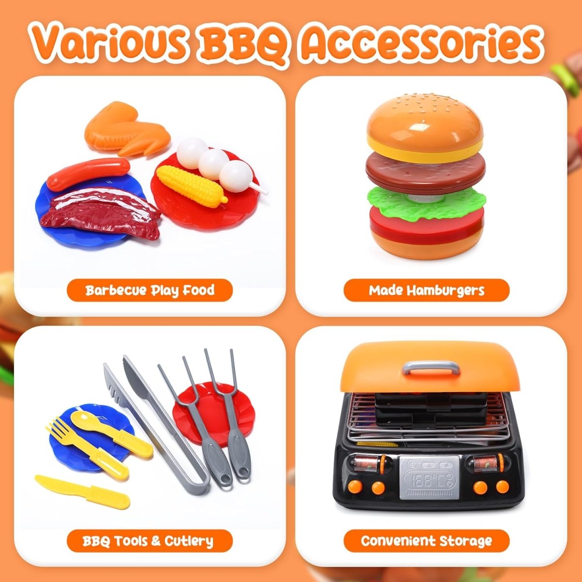 CUTE STONE Cooking Toy BBQ Set 2 Layers Grill Playset Kids Pretend Play Food