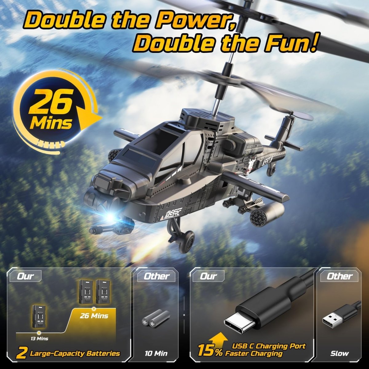 DEERC Apache RC Helicopter for Kids & Adults Military Remote Control Toy