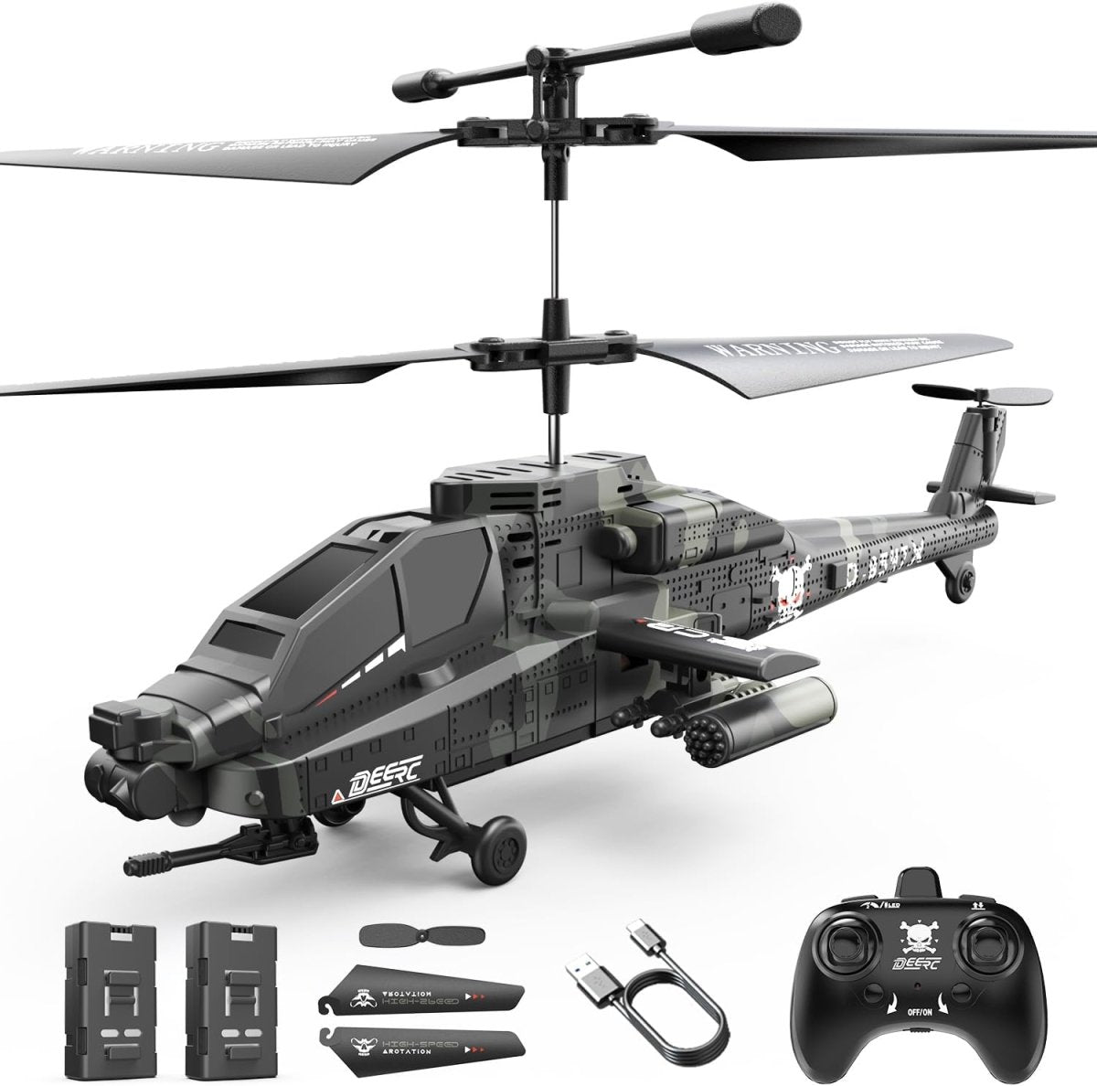 DEERC Apache RC Helicopter for Kids & Adults Military Remote Control Toy