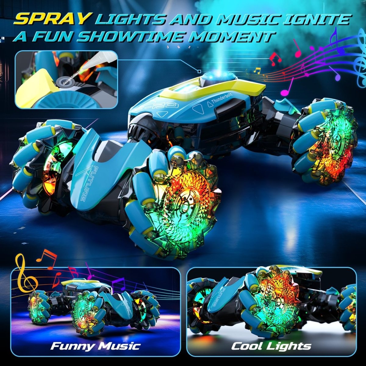 DEERC Gesture Sensing RC Stunt Car with Fog Mist & Music 4WD Hand Controlled Toy