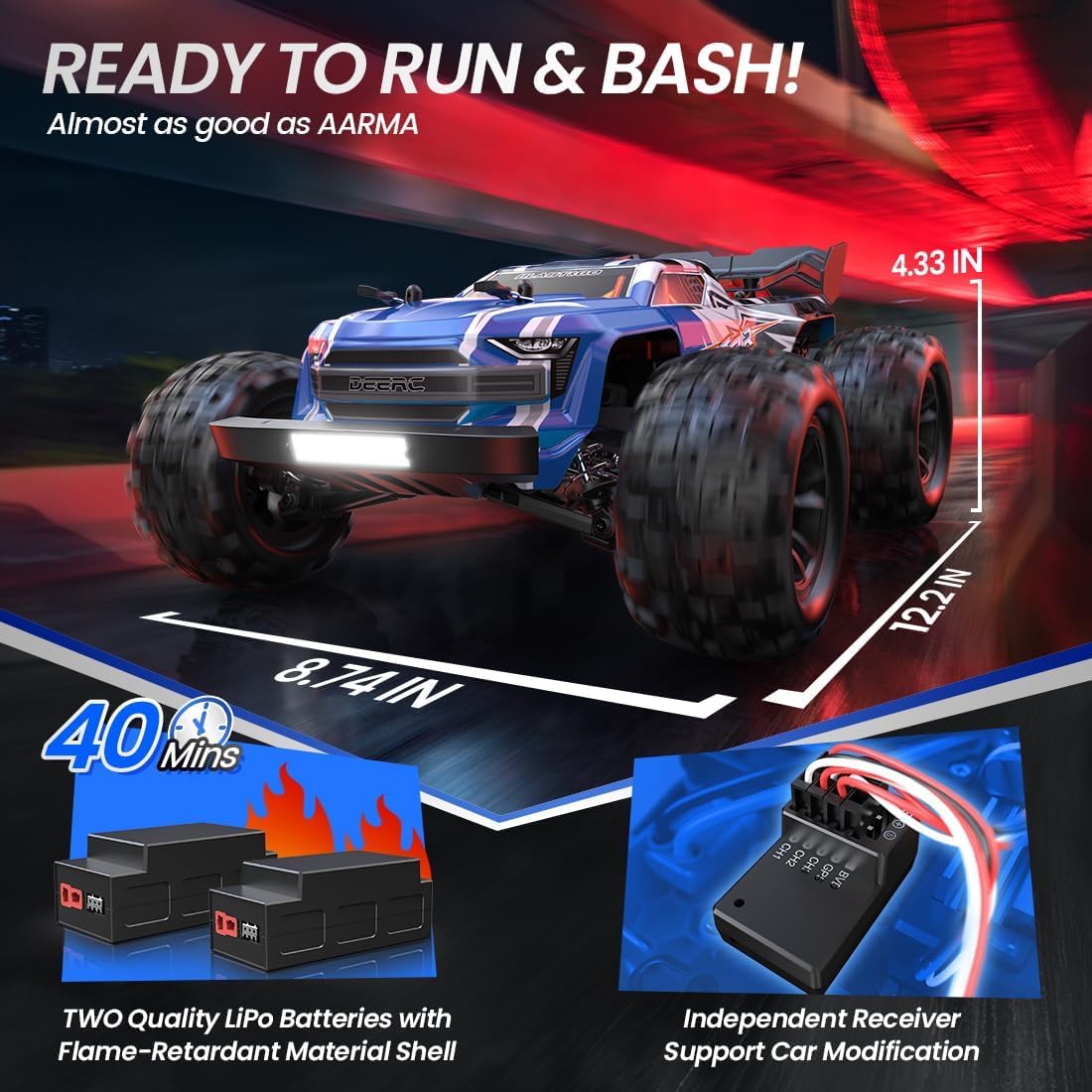 DEERC H16E Brushless Racing Remote Control Car 1:16 Scale 4X4 RC Monster Truck