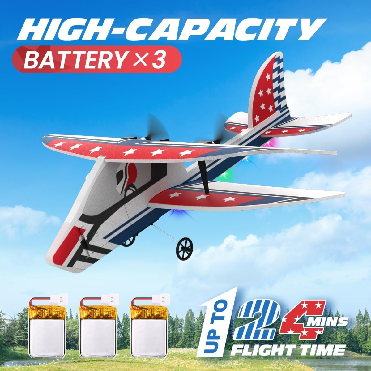 DEERC RC Plane 2.4GHZ Remote Control Airplane 6-axis Gyro Stabilizer 3 Batteries