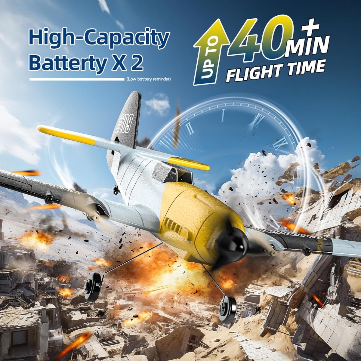 DEERC RC Plane 3 Channel BF-109 Remote Control Airplane 6-axis Gyro Stabilizer 2 Batteries