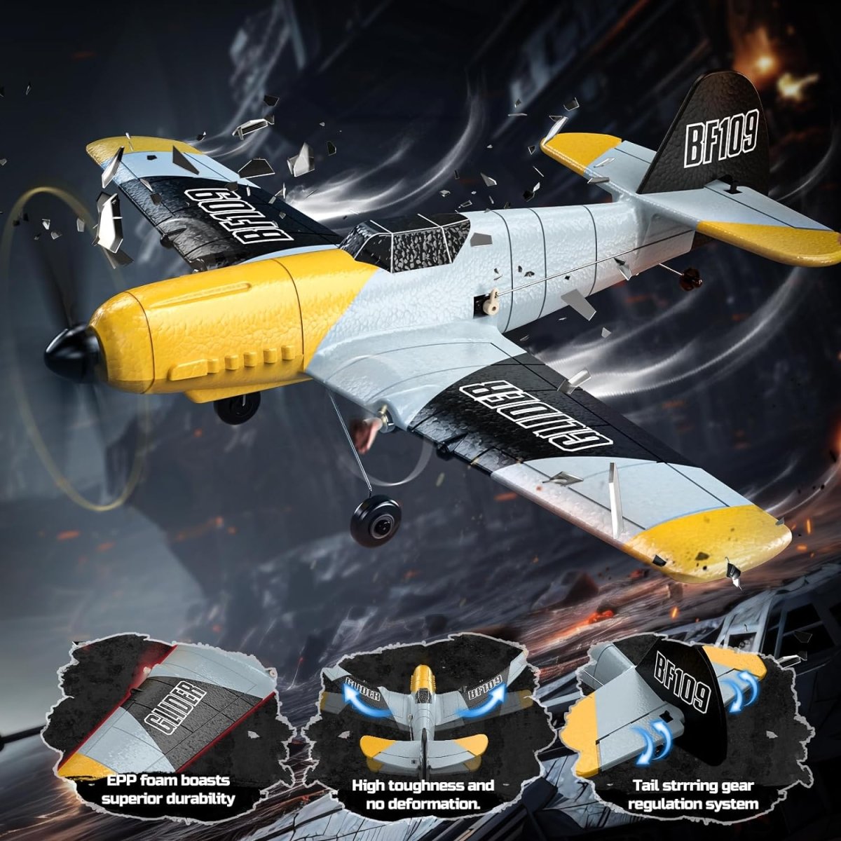 DEERC RC Plane 3 Channel BF-109 Remote Control Airplane 6-axis Gyro Stabilizer 2 Batteries