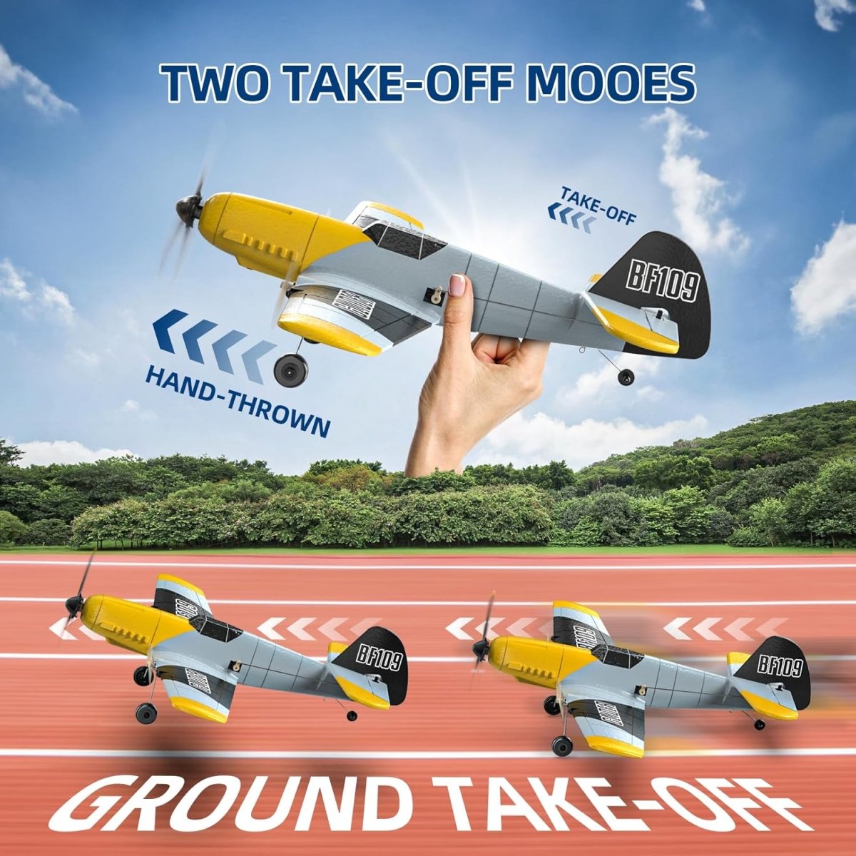 DEERC RC Plane 3 Channel BF-109 Remote Control Airplane 6-axis Gyro Stabilizer 2 Batteries