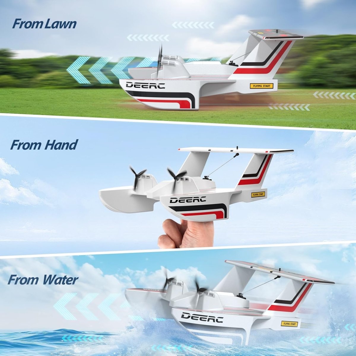 DEERC RC Plane for Water Land & Air 3CH Remote Control Airplane W/ 2 Batteries