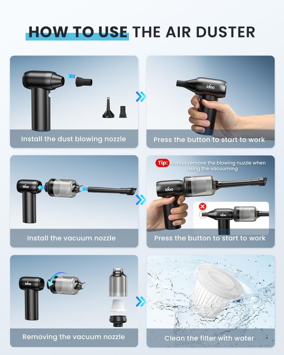 iDOO Compressed Air Duster Portable Vacuum Cordless Electric Canned Duster