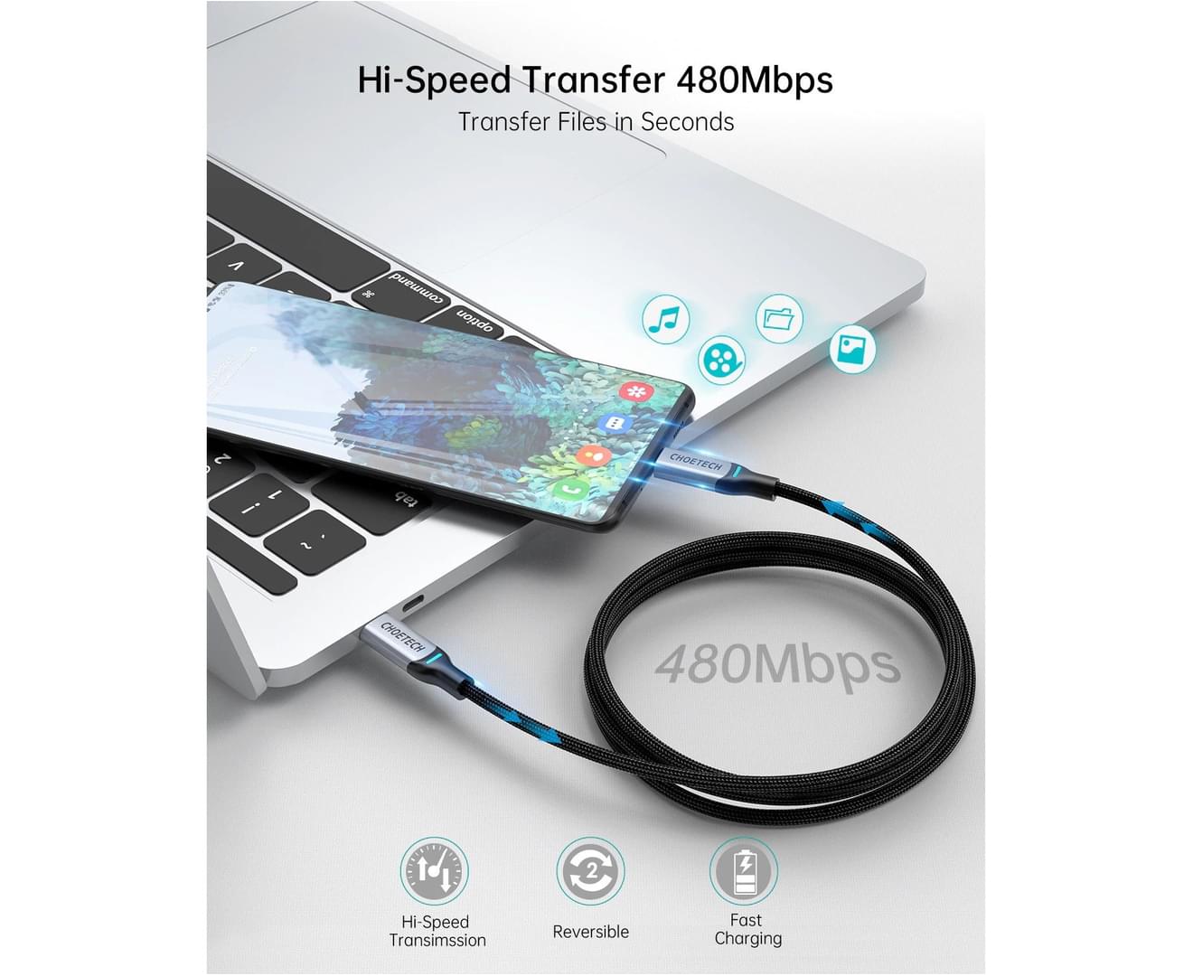 CHOETECH 100W USB-C Type C PD Braided Fast Charging Cable Power Delivery 1.8m