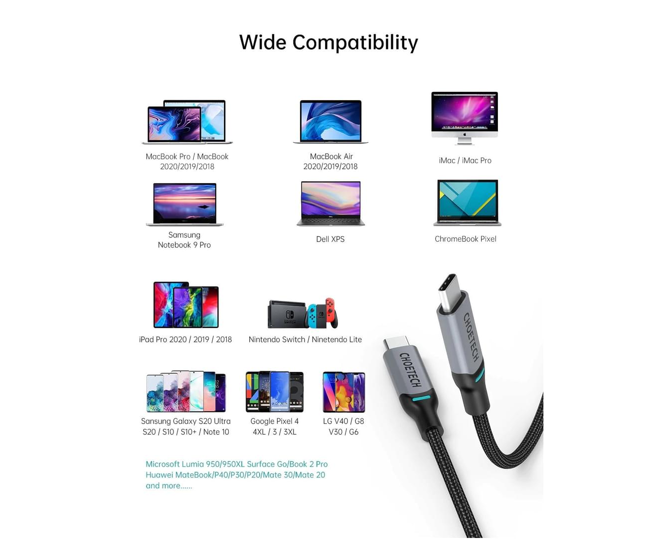 CHOETECH 100W USB-C Type C PD Braided Fast Charging Cable Power Delivery 1.8m