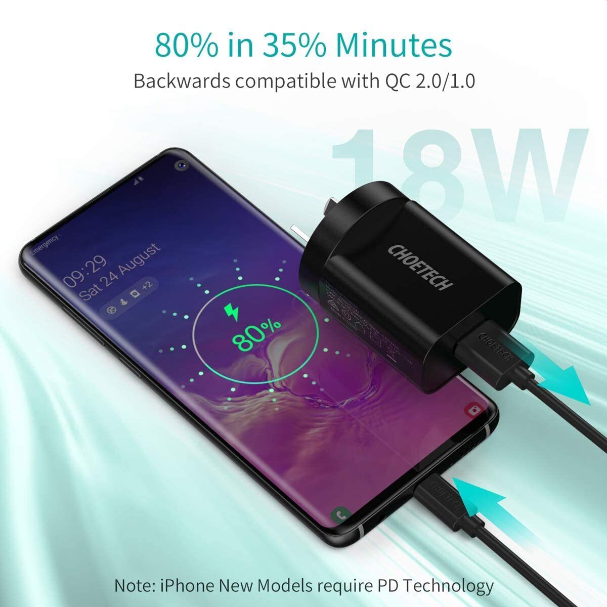CHOETECH 18W USB Wall Charger Quick Charge QC 3.0 Power Adapter Fast Charging AU