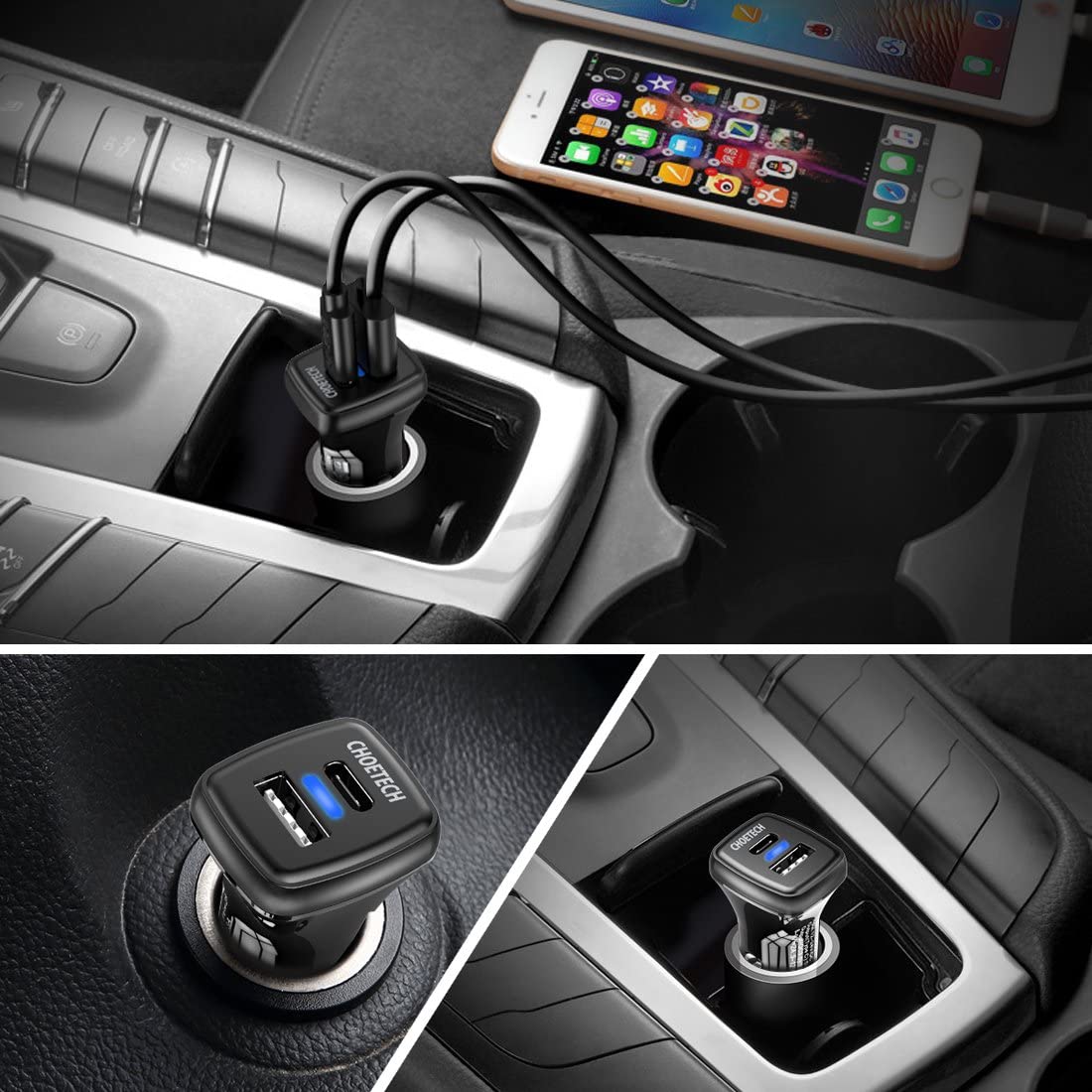CHOETECH 36W 2-Port USB C Car Charger 18W Power Delivery Quick Charge QC 3.0