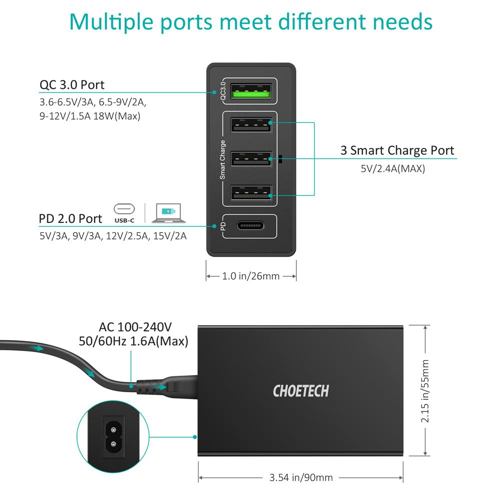 CHOETECH 60W 5 Ports USB C Charger with 30W PD Power Delivery Charging Station