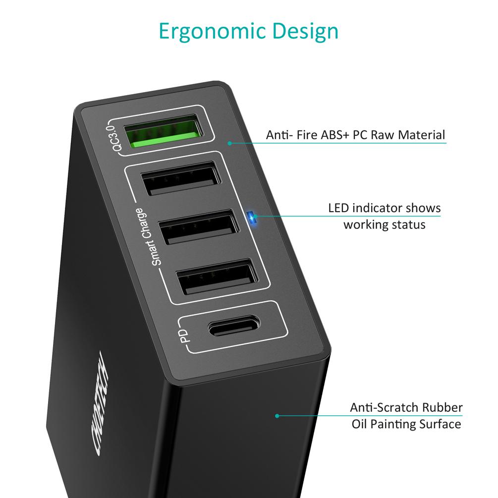 CHOETECH 60W 5 Ports USB C Charger with 30W PD Power Delivery Charging Station