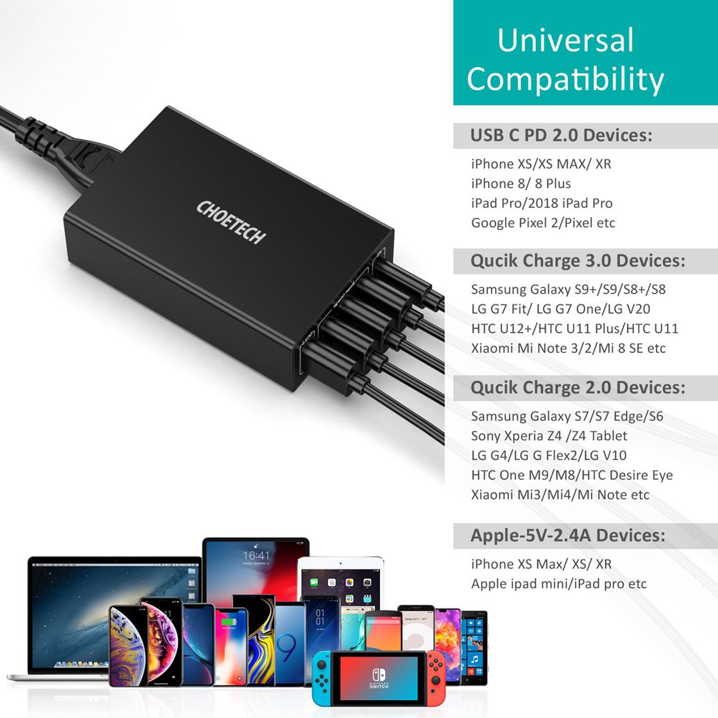 CHOETECH 60W 5 Ports USB C Charger with 30W PD Power Delivery Charging Station