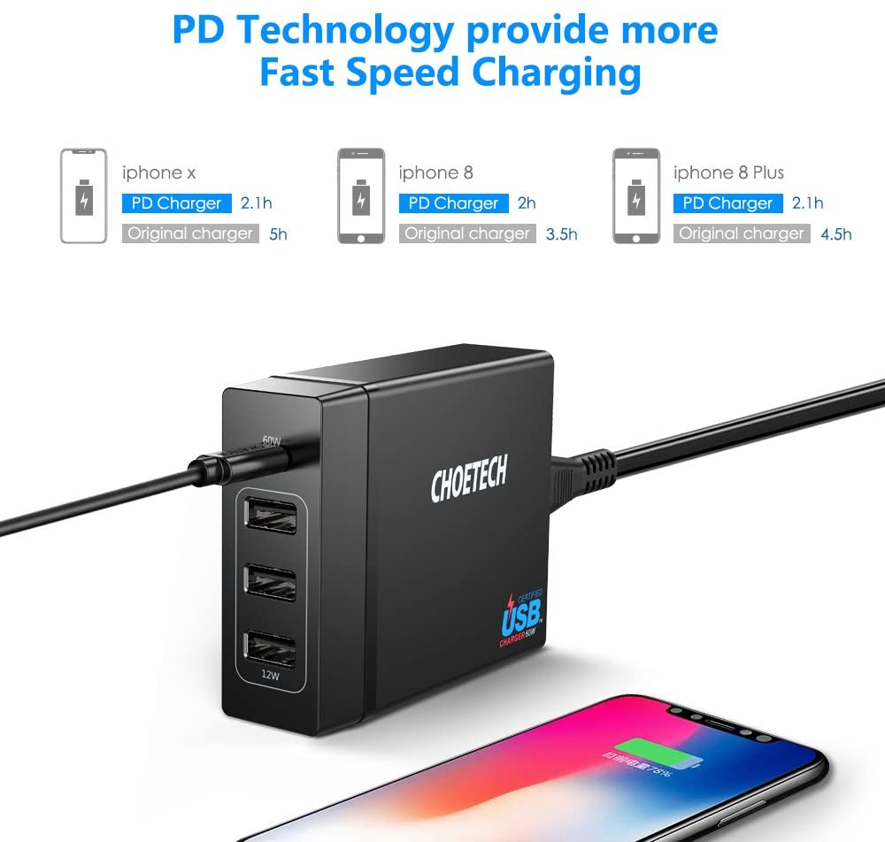CHOETECH 72W 4 Ports USB C Charger with 60W PD Power Delivery Charging Station