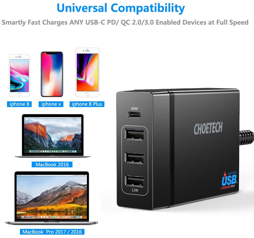 CHOETECH 72W 4 Ports USB C Charger with 60W PD Power Delivery Charging Station