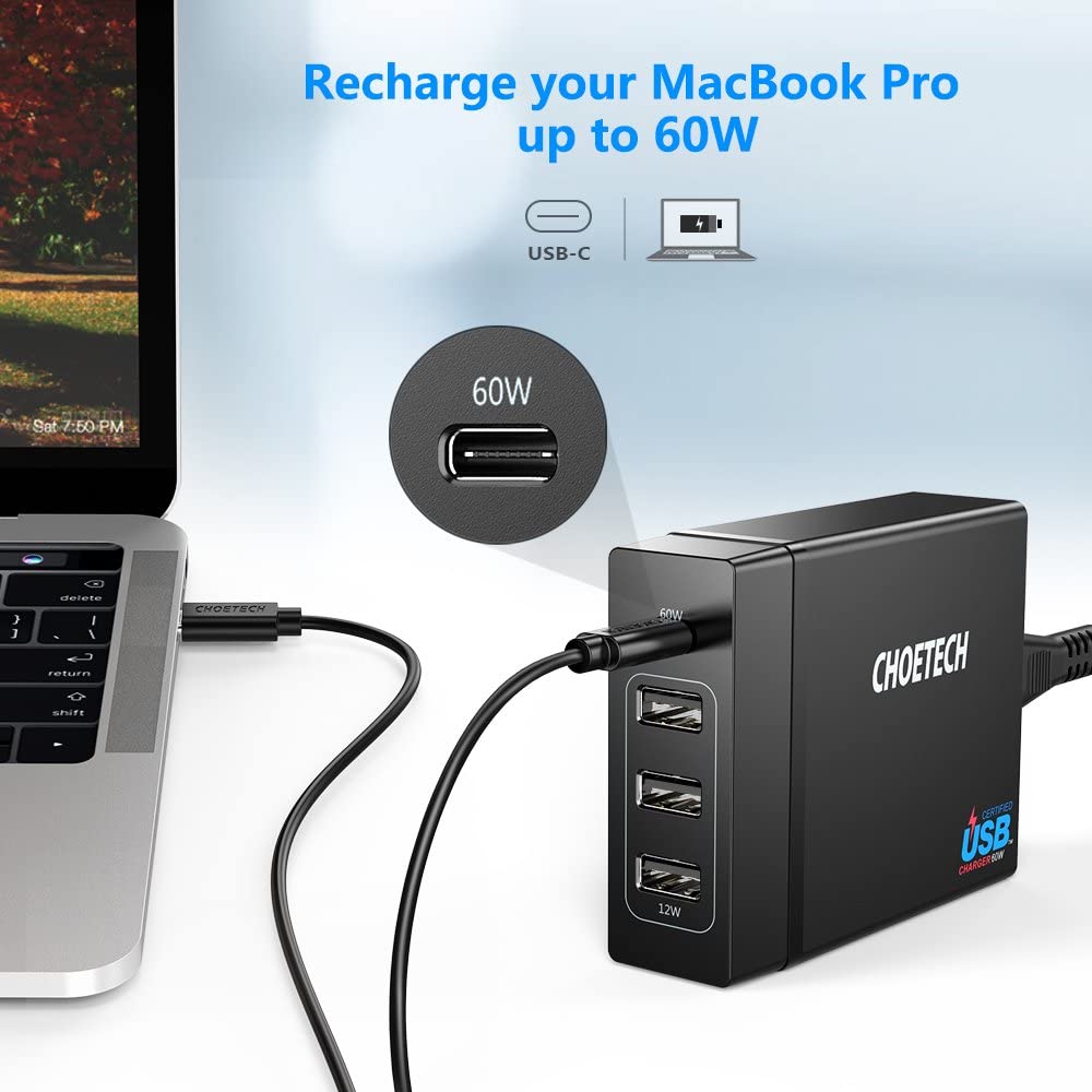 CHOETECH 72W 4 Ports USB C Charger with 60W PD Power Delivery Charging Station