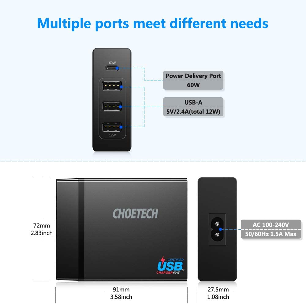 CHOETECH 72W 4 Ports USB C Charger with 60W PD Power Delivery Charging Station