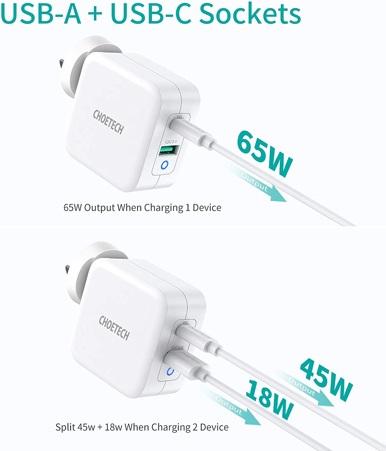 CHOETECH USB-C PD 65W Charger GaN Tech Dual Port Type C Wall Fast Power Adapter