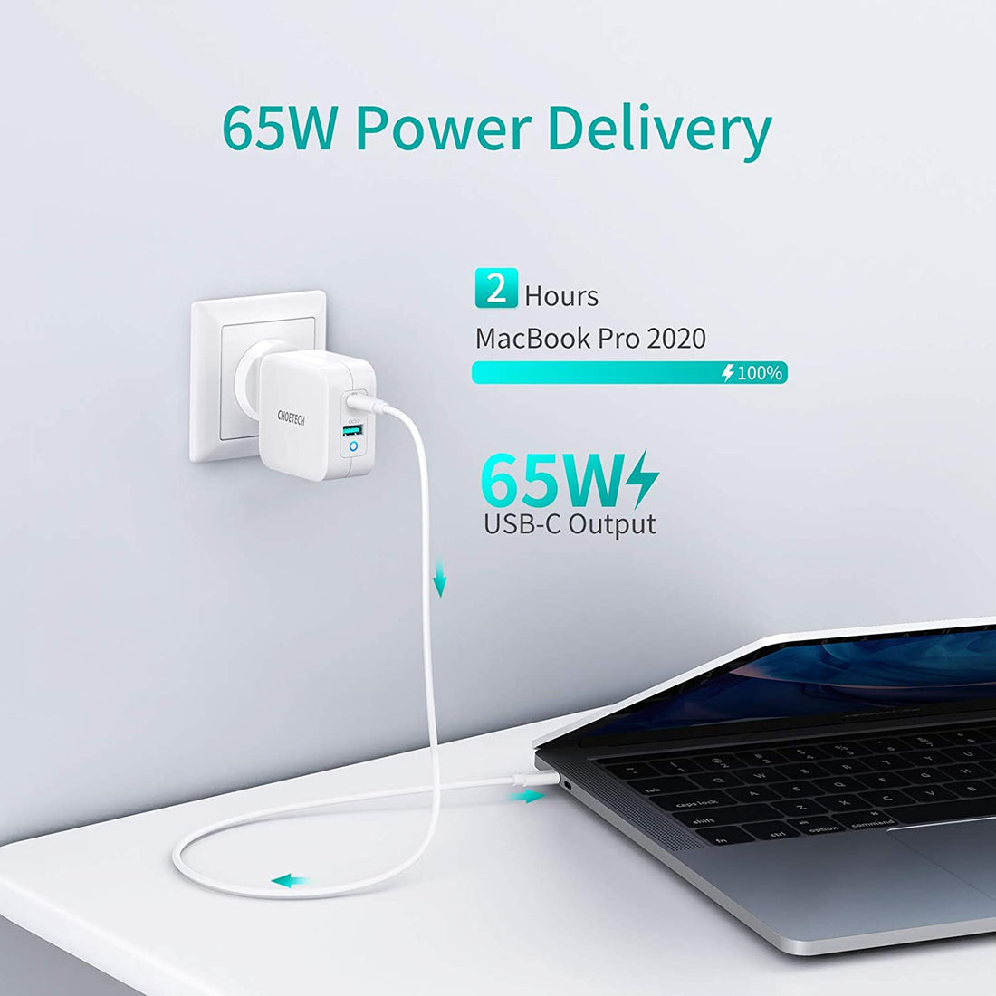 CHOETECH USB-C PD 65W Charger GaN Tech Dual Port Type C Wall Fast Power Adapter