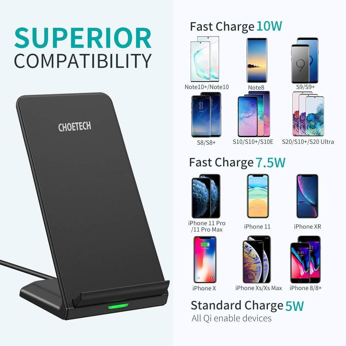 CHOETECH Wireless Charger Qi-Certified 10W Fast Charging Stand (with AC Adapter)