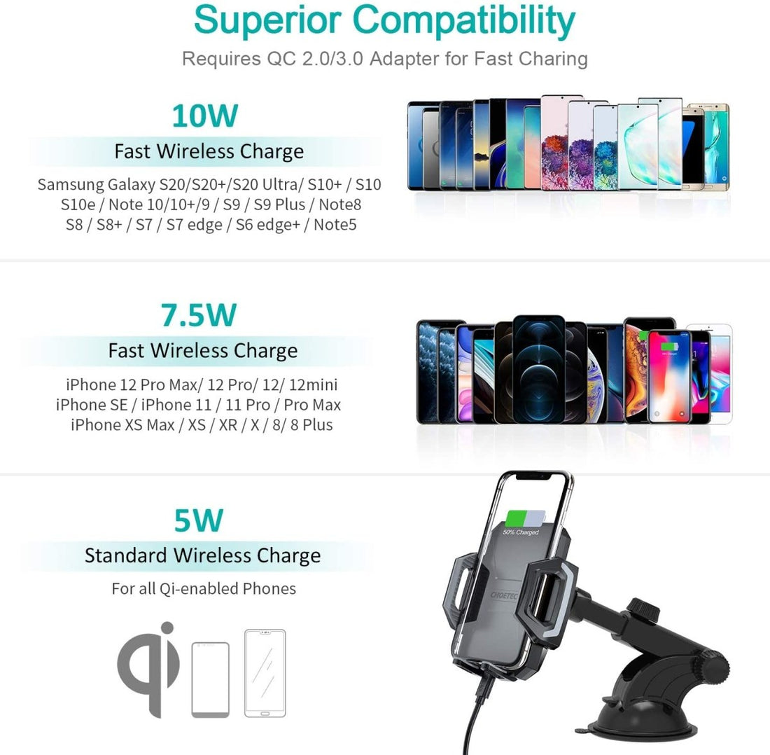 CHOETECH Wireless Car Charger 10W Qi Wireless Charging Car Mount Phone Holder