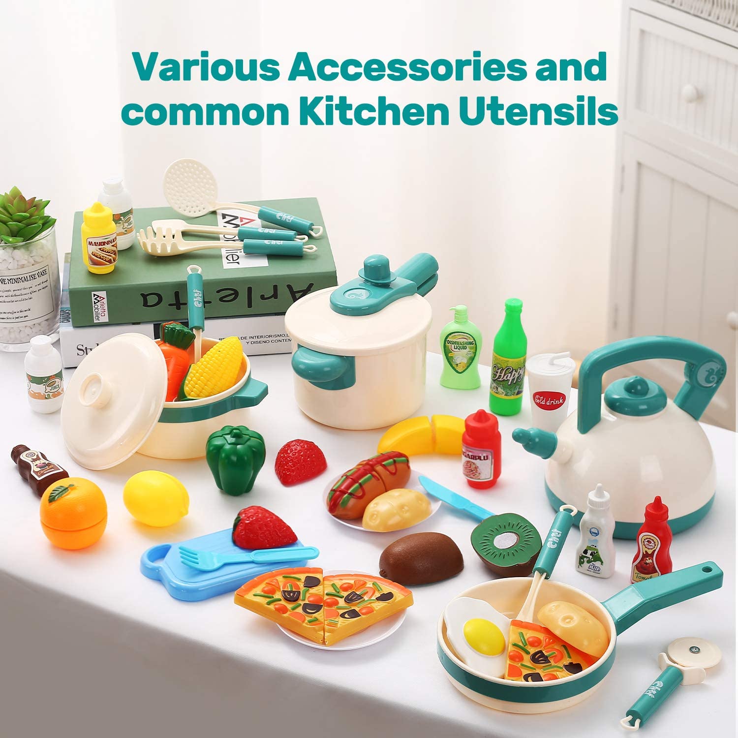 CUTE STONE 40PCS Kids Play Kitchen Accessories Play Cooking Toys Food Cookware