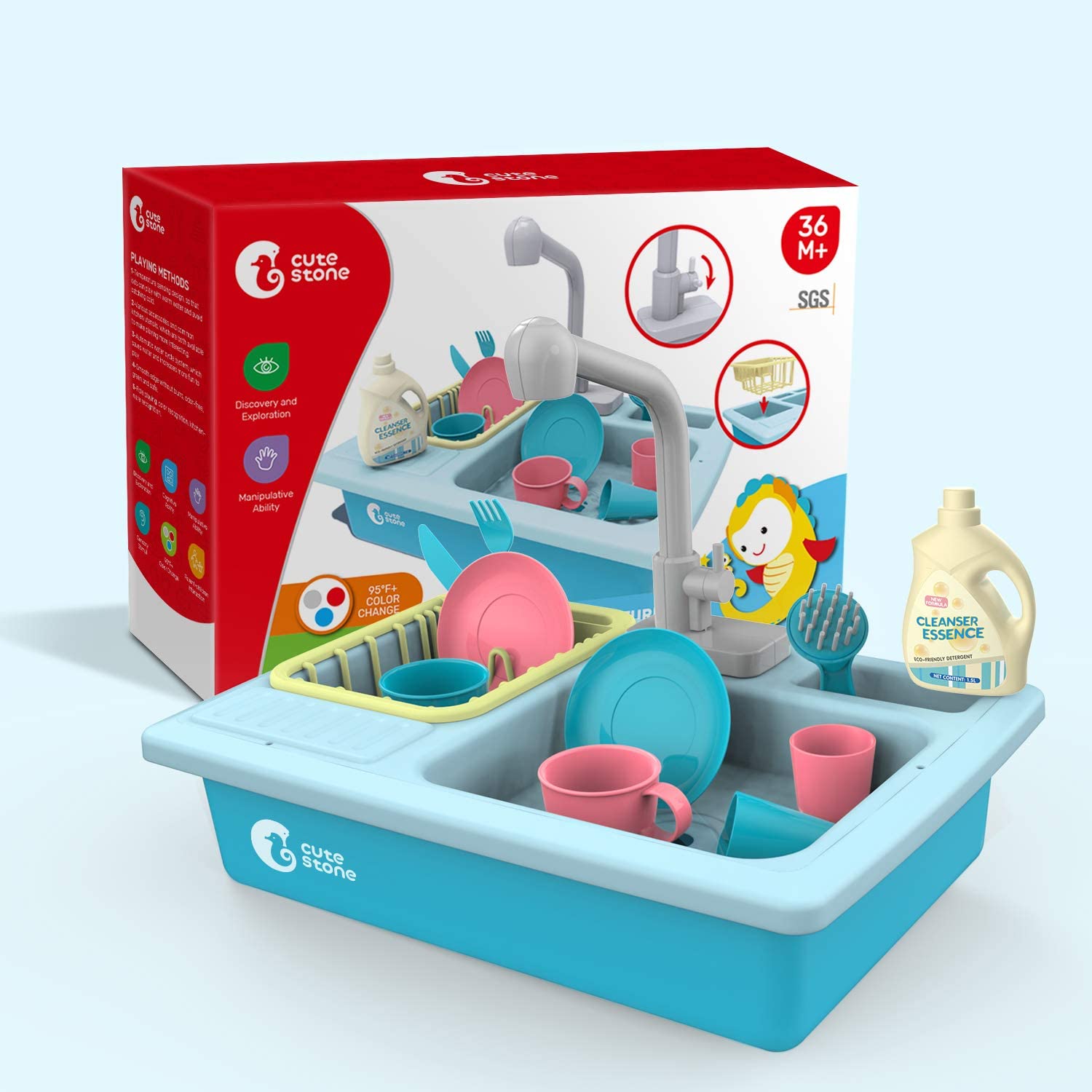 CUTE STONE Color Changing Kitchen Sink Toys Electric Dishwasher Playing Toy Kids