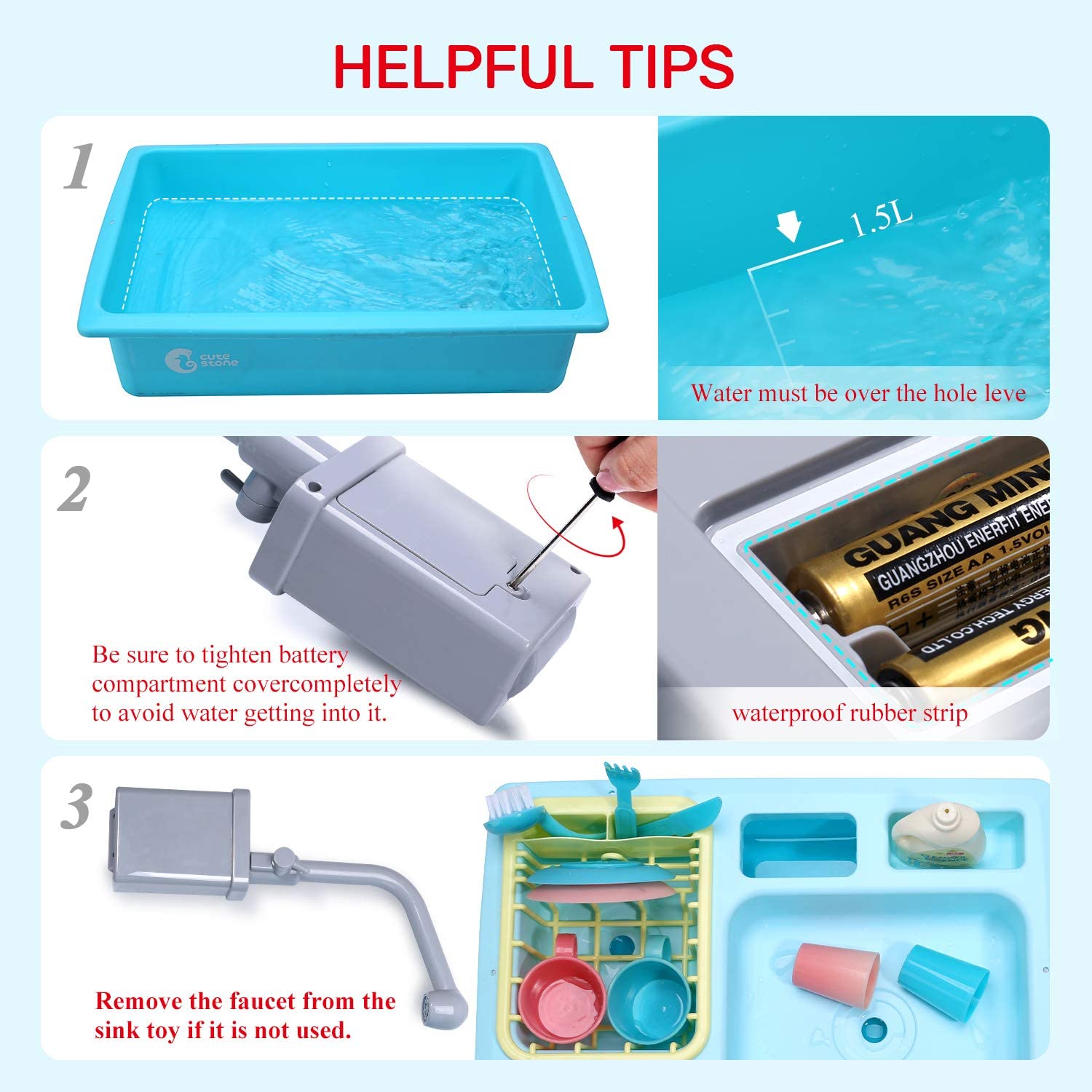 CUTE STONE Color Changing Kitchen Sink Toys Electric Dishwasher Playing Toy Kids