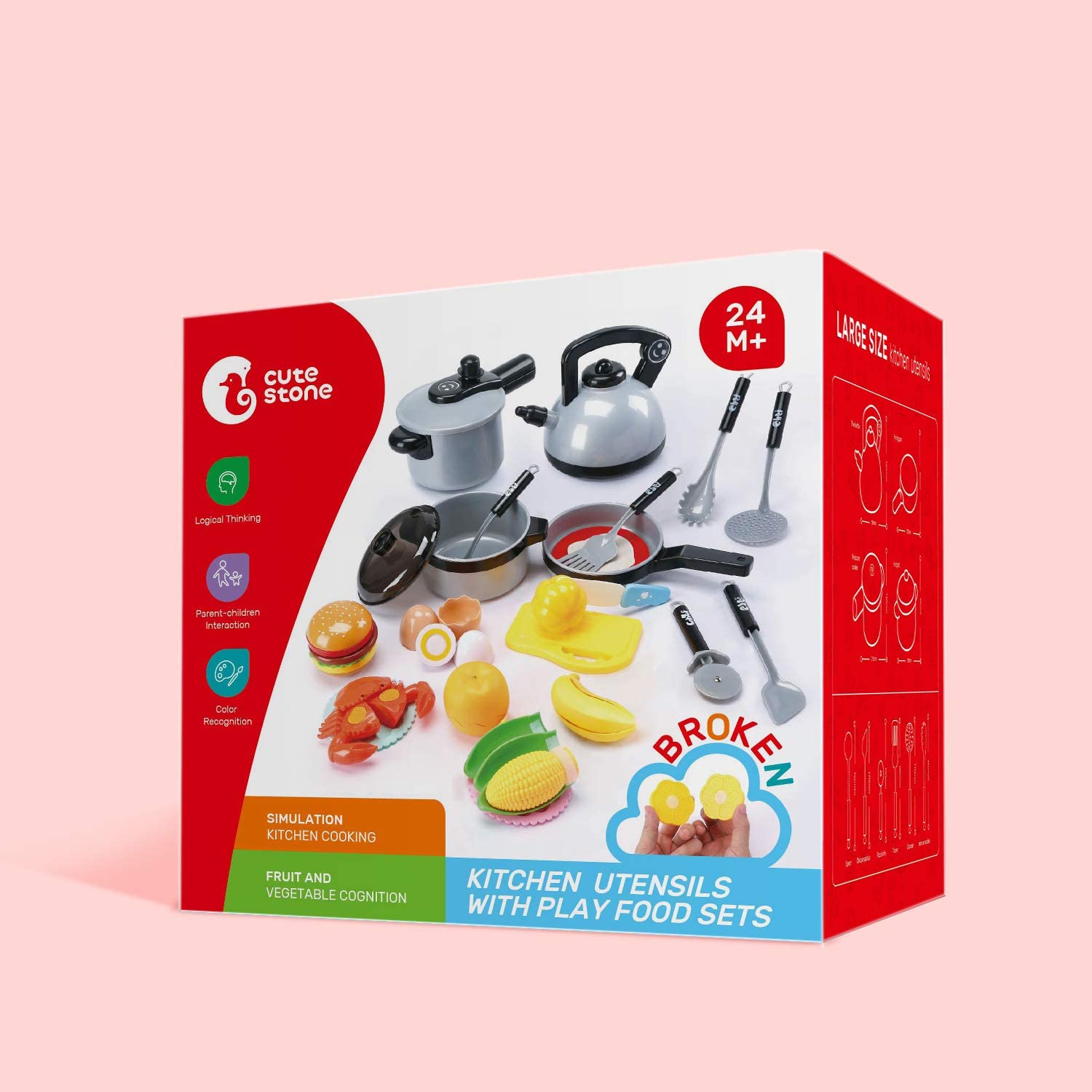 CUTE STONE Kids Kitchen Pretend Play Toy Cooking Set Cookware Pots Pans Playset