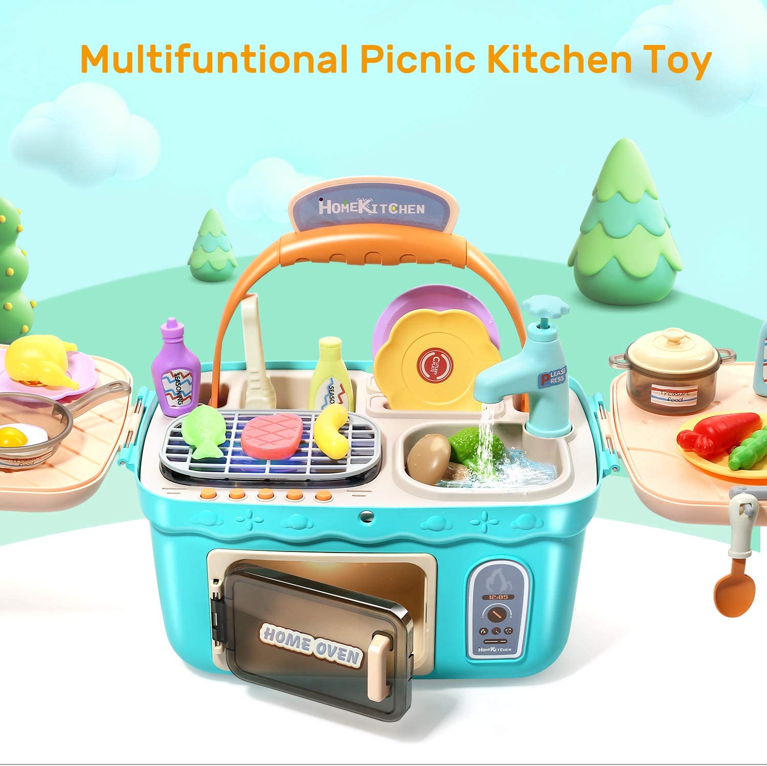 CUTE STONE Kids Picnic & Kitchen Playset Portable Basket Toys Pretend Play Oven