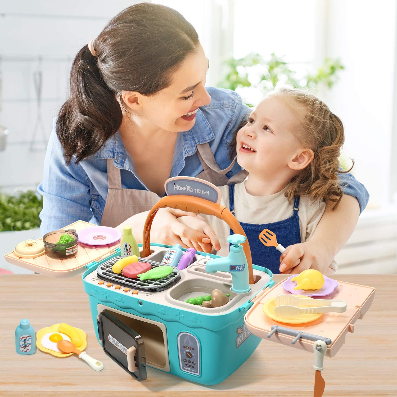 CUTE STONE Kids Picnic & Kitchen Playset Portable Basket Toys Pretend Play Oven