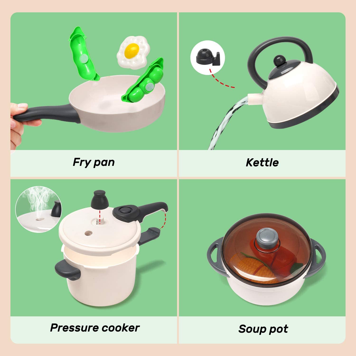 CUTE STONE Kitchen Play Toy with Cookware Playset Steam Pressure Pot Cooktop