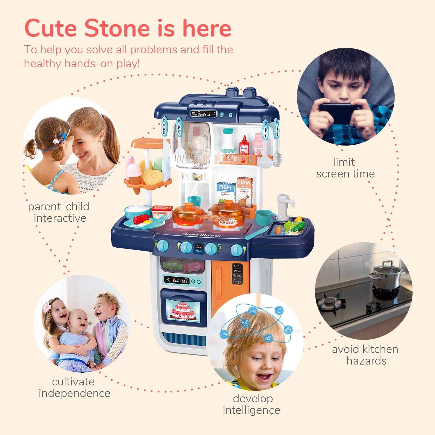 CUTE STONE Little Kitchen Playset Kids Play Sink Dessert Shelf Toy Running Water