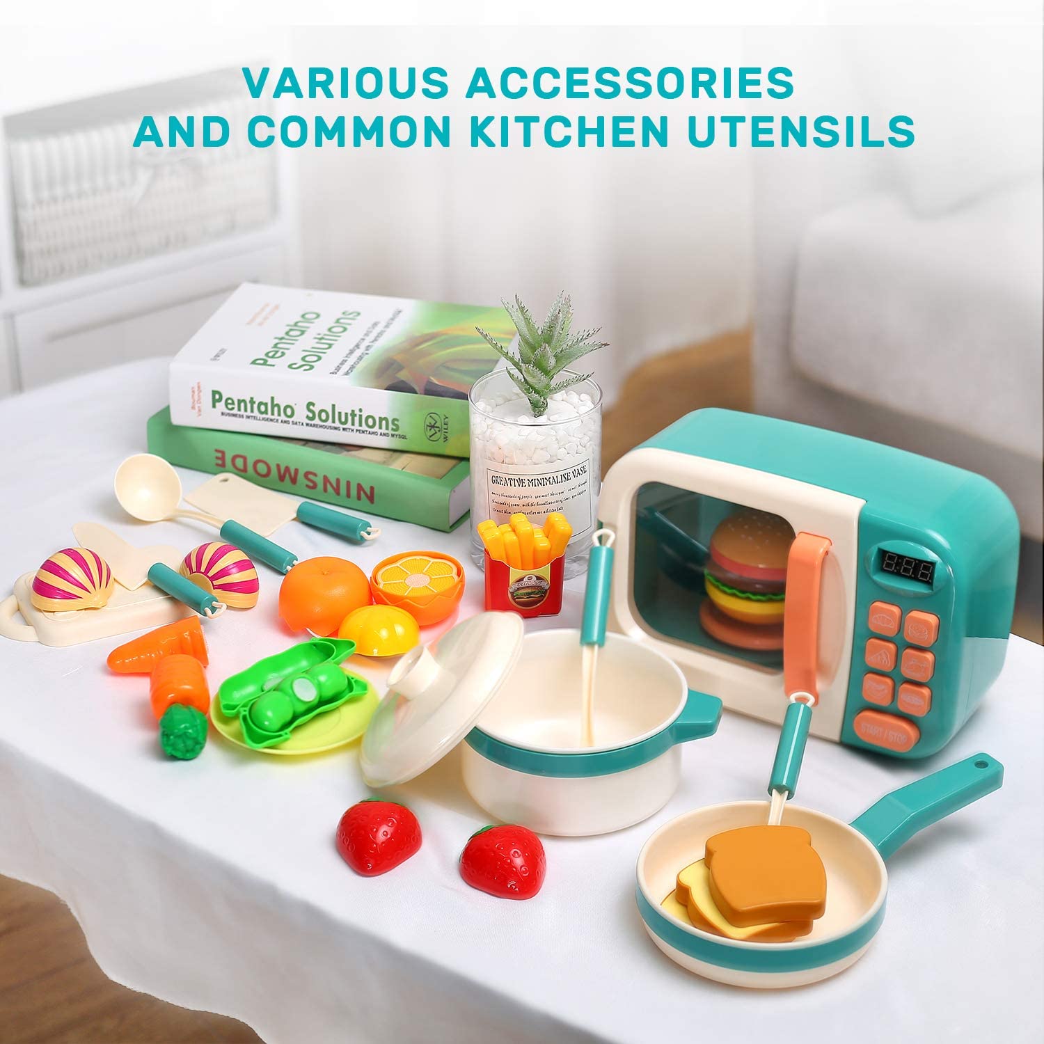 CUTE STONE Microwave Toys Kitchen Play Set Kids Pretend Electronic Oven Cookware