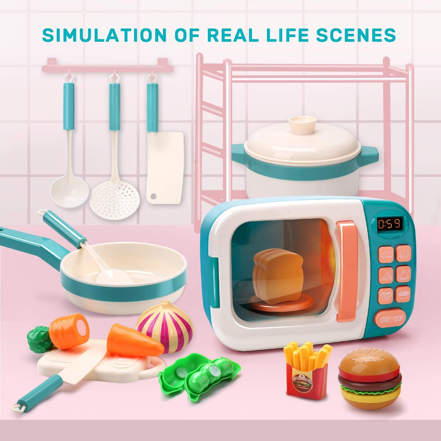 CUTE STONE Microwave Toys Kitchen Play Set Kids Pretend Electronic Oven Cookware