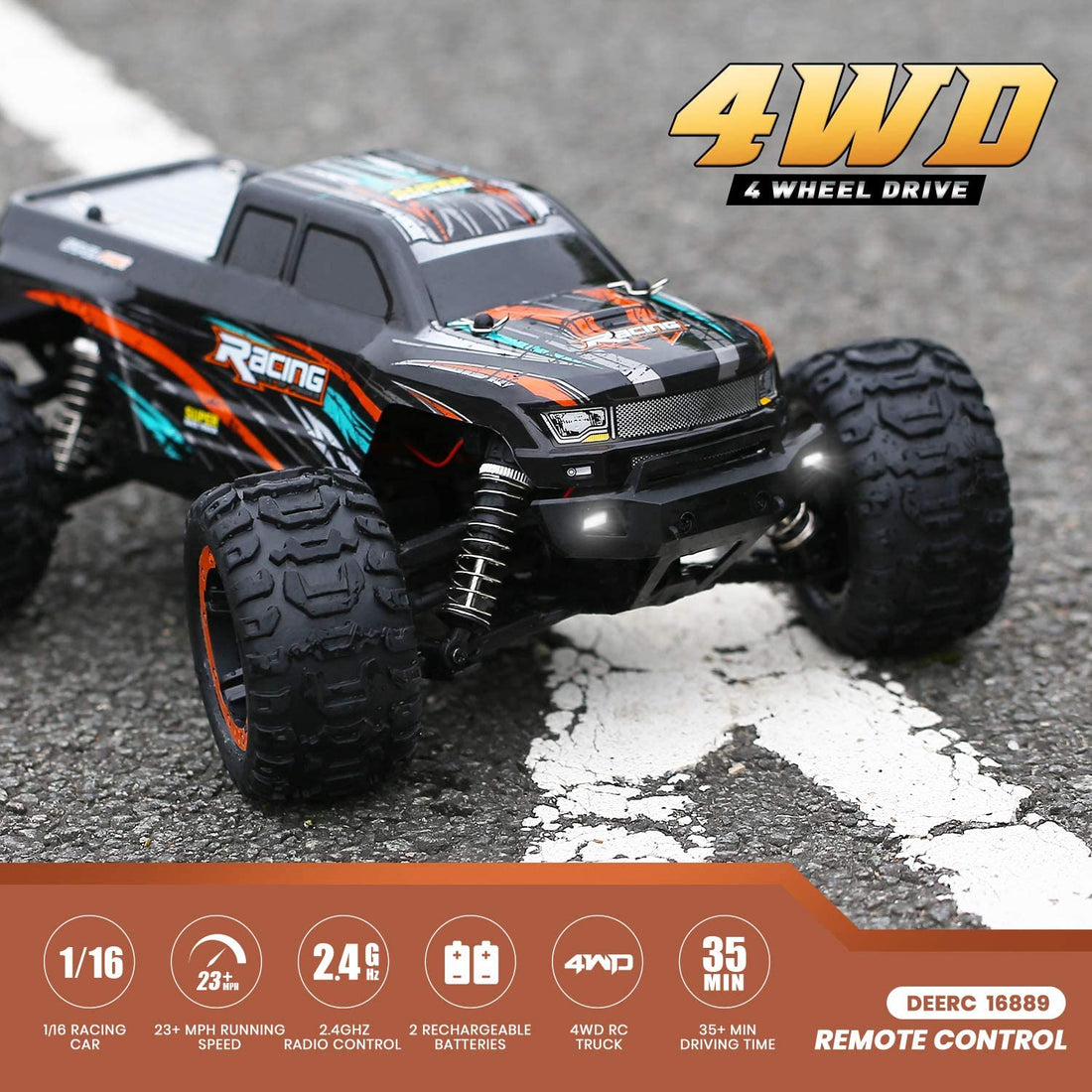 DEERC 16889 RC Car High Speed Remote Control Car 1:16 Scale 4WD Offroad Truck