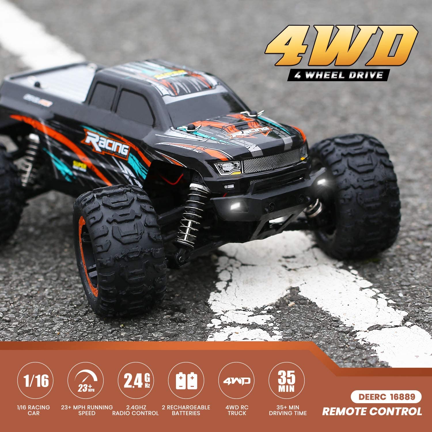 DEERC 16889 RC Car High Speed Remote Control Car 1:16 Scale 4WD Offroad Truck