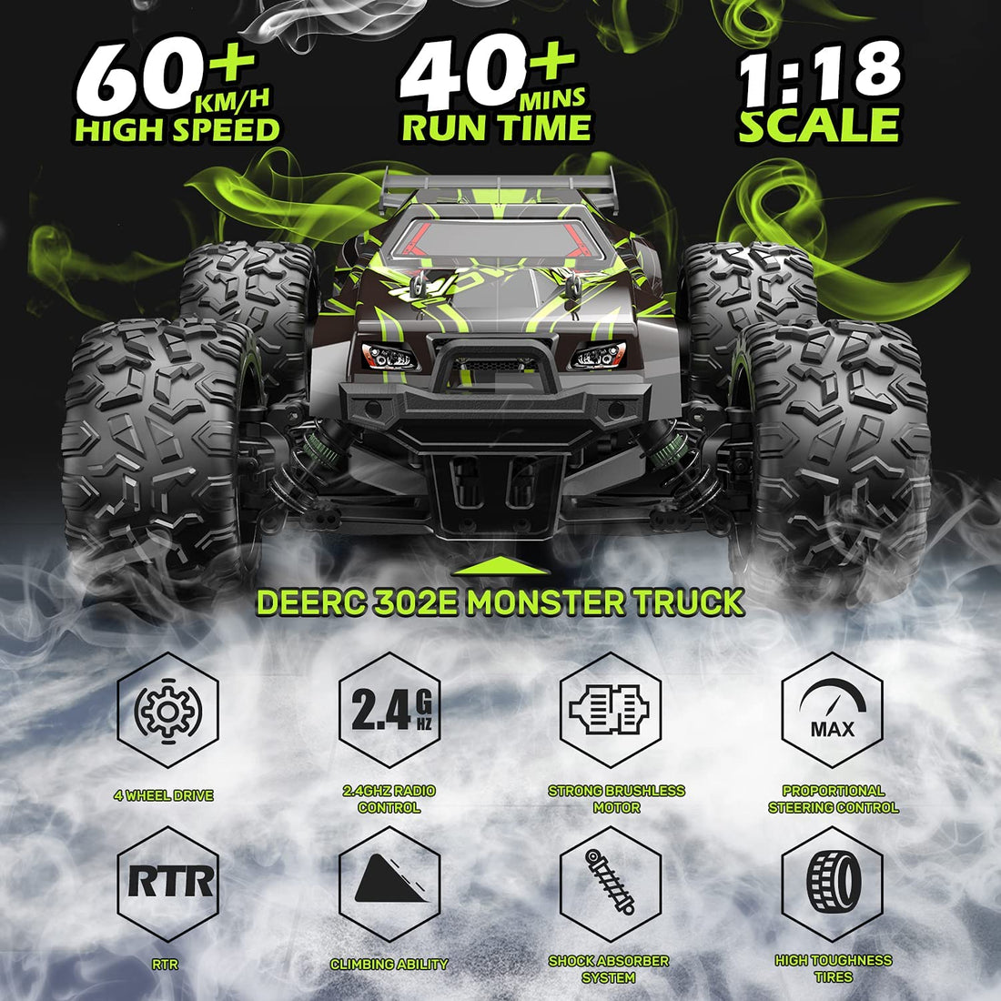 DEERC 302E RC Car High Speed Remote Control Car 1:18 Scale 4WD Monster Truck