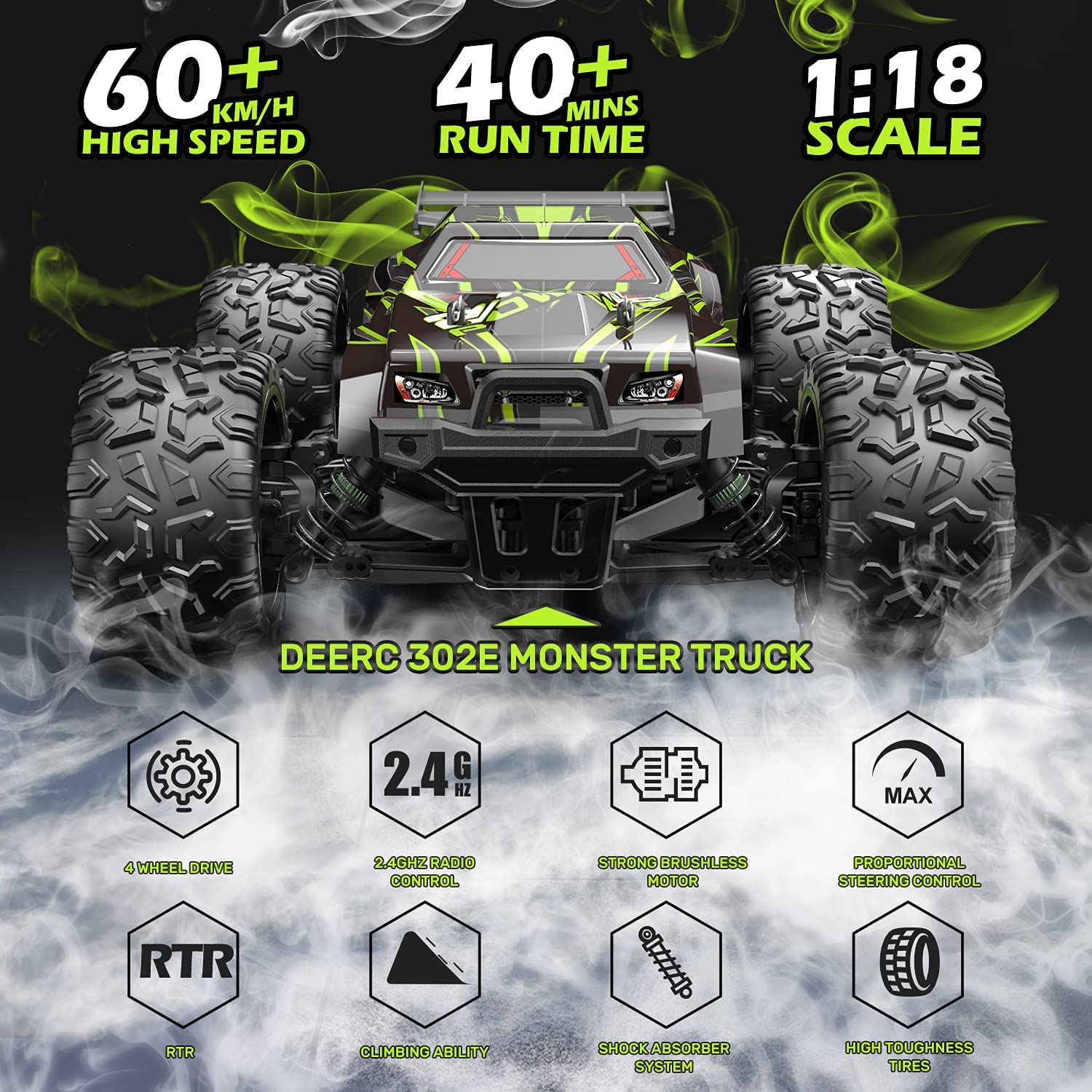 DEERC 302E RC Car High Speed Remote Control Car 1:18 Scale 4WD Monster Truck