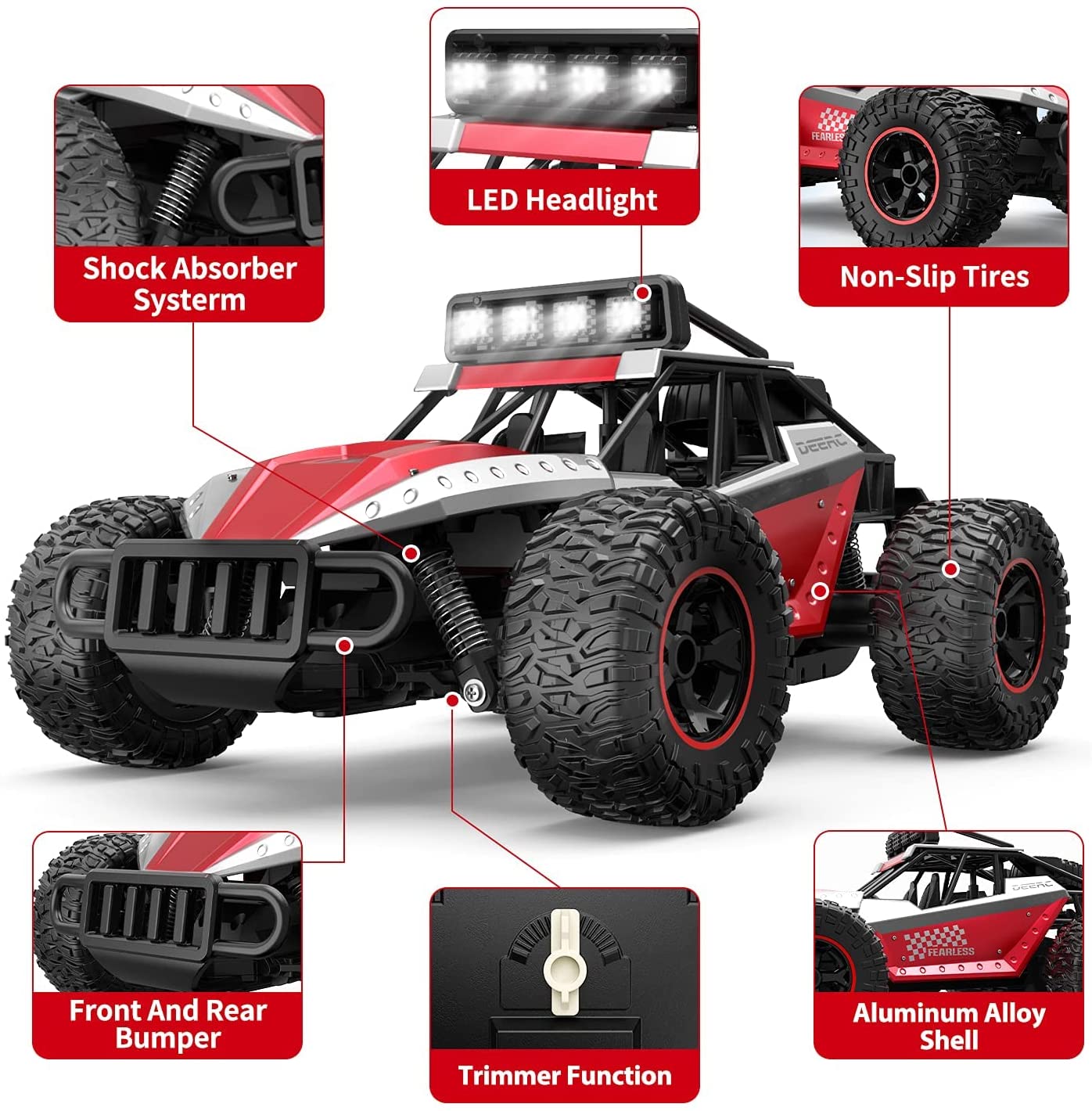 DEERC DE43 RC Car Remote Control 1:14 Scale 2.4Ghz 2WD Monster Truck 2 Batteries