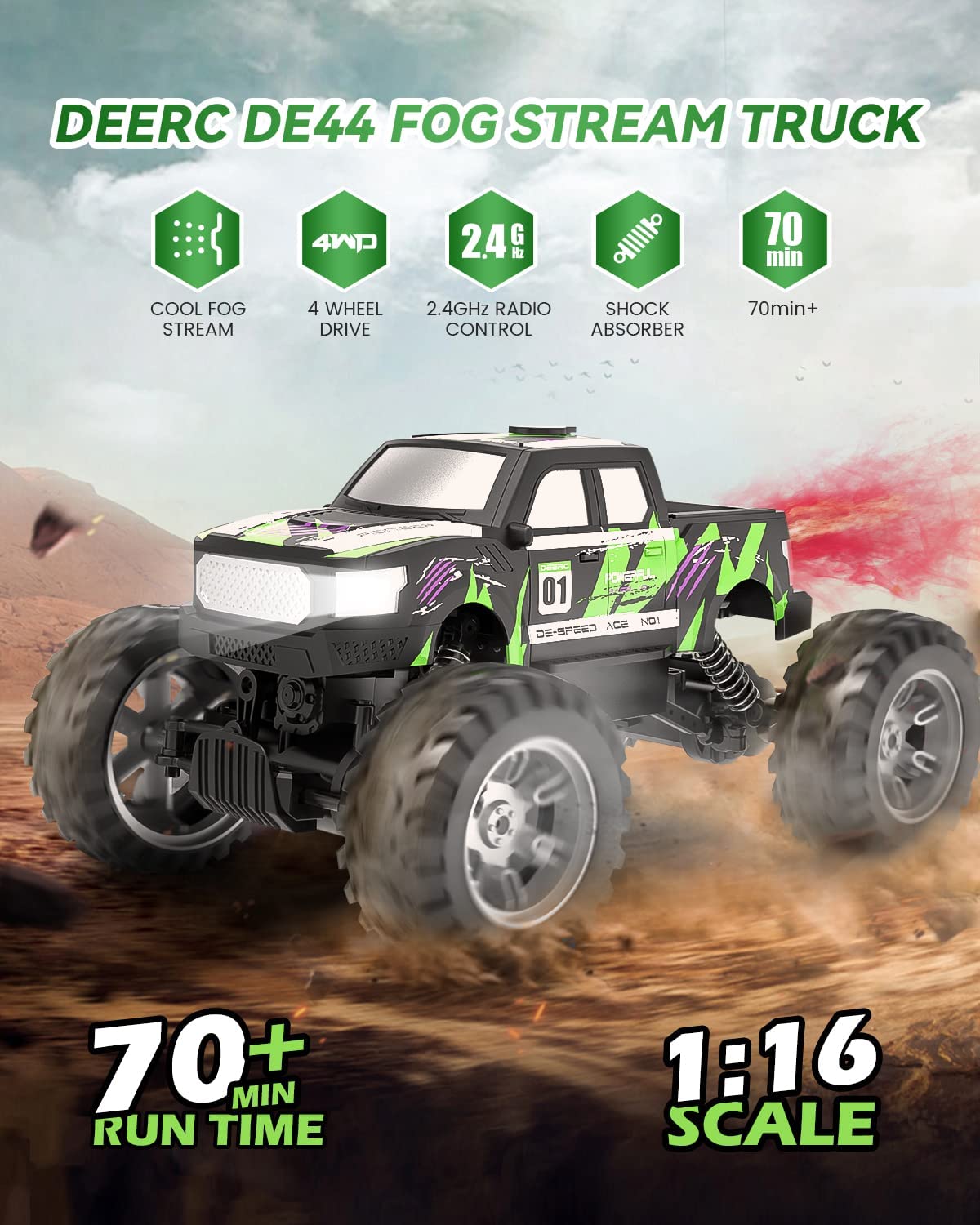 DEERC DE44 Remote Control Monster Truck w/ Fog Mist Dual Motors Off Road RC Car