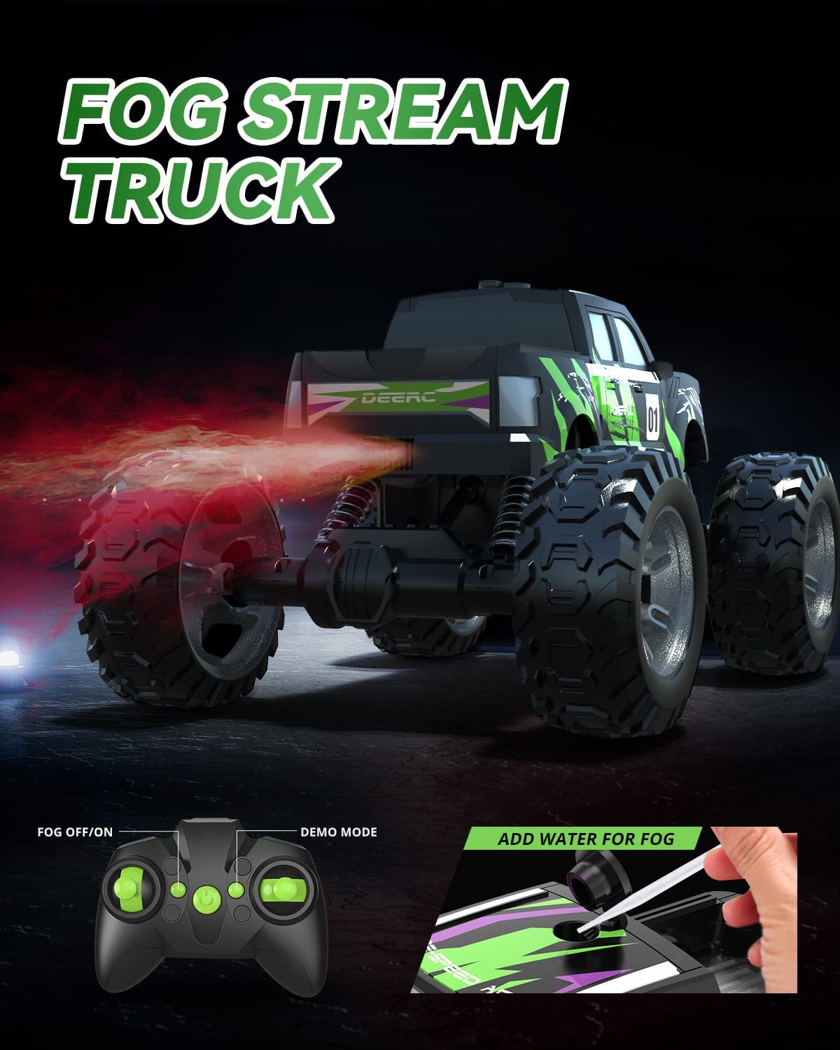 DEERC DE44 Remote Control Monster Truck w/ Fog Mist Dual Motors Off Road RC Car