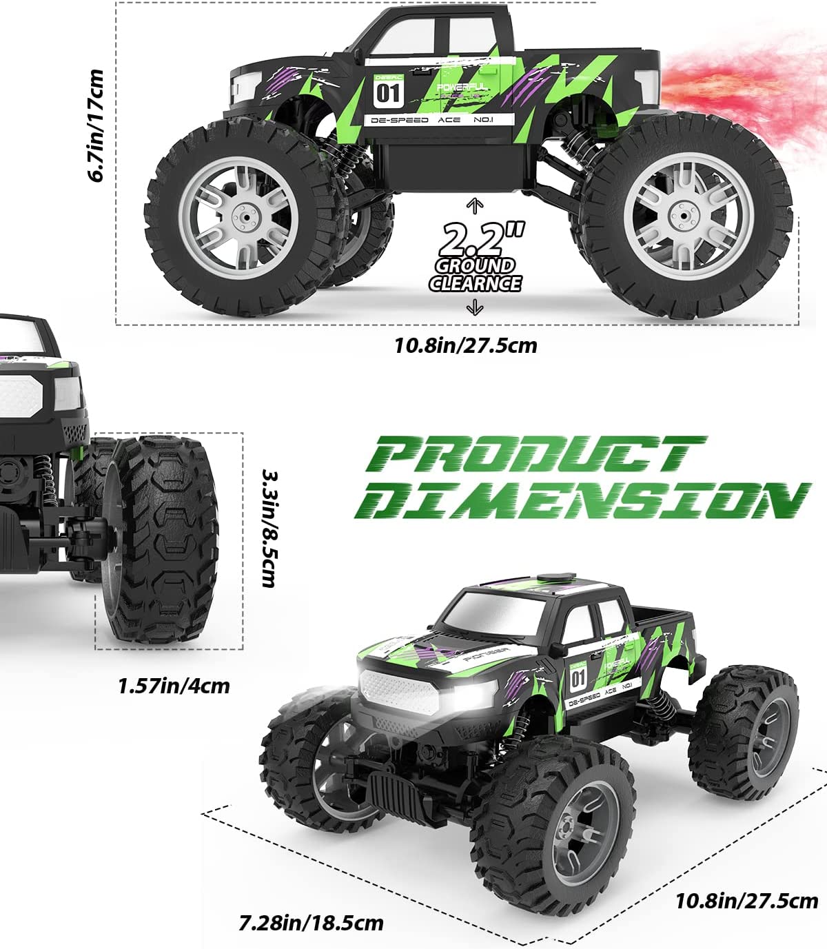 DEERC DE44 Remote Control Monster Truck w/ Fog Mist Dual Motors Off Road RC Car