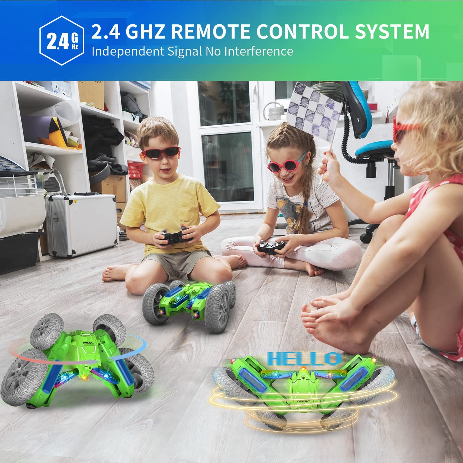 DEERC RC Stunt Car Remote Control Toys Flashing Lights 360 Degrees Rotating Kids