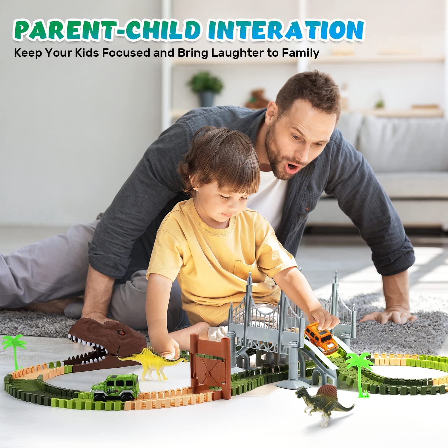 EagleStone Dinosaur Toys 194 Pcs Race Car Track Set for Kids Train Tracks Cars