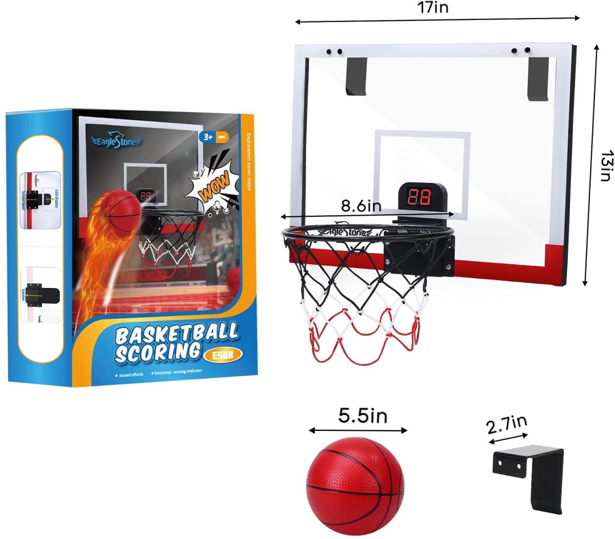 EagleStone Indoor Mini Basketball Hoop Set for Kids Over The Door Toddler 2 Ball